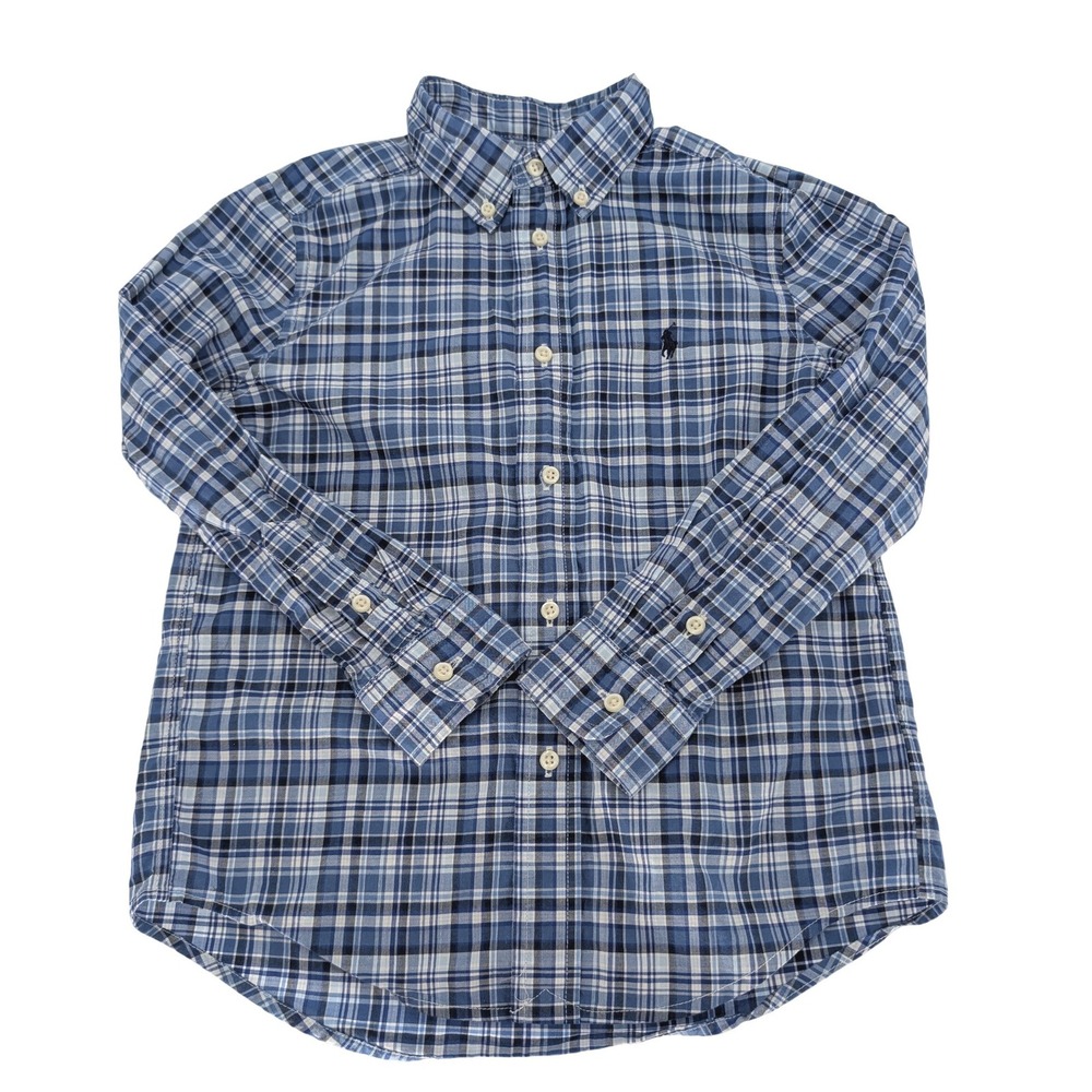 Ralph Lauren Button Down Shirt Kids 6 Blue Plaid Cotton Long Sleeve Preppy